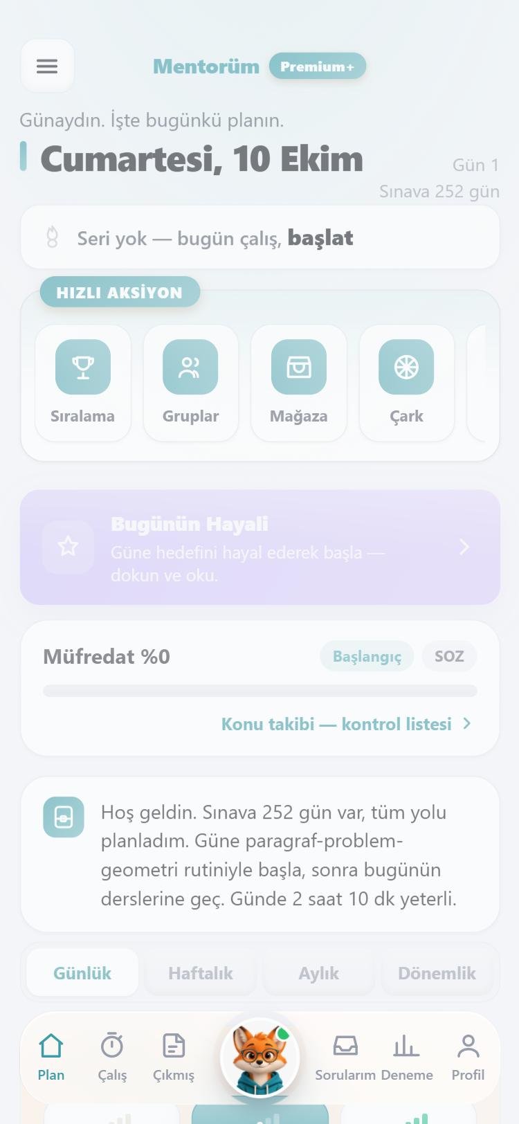 Mentorüm günlük çalışma planı ekranı